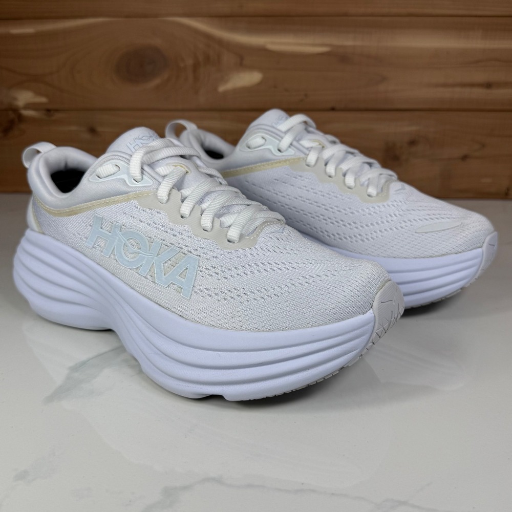 Hoka One One White Athletic Running Shoes with Subtle Gold Trim - Picture 7 of 16